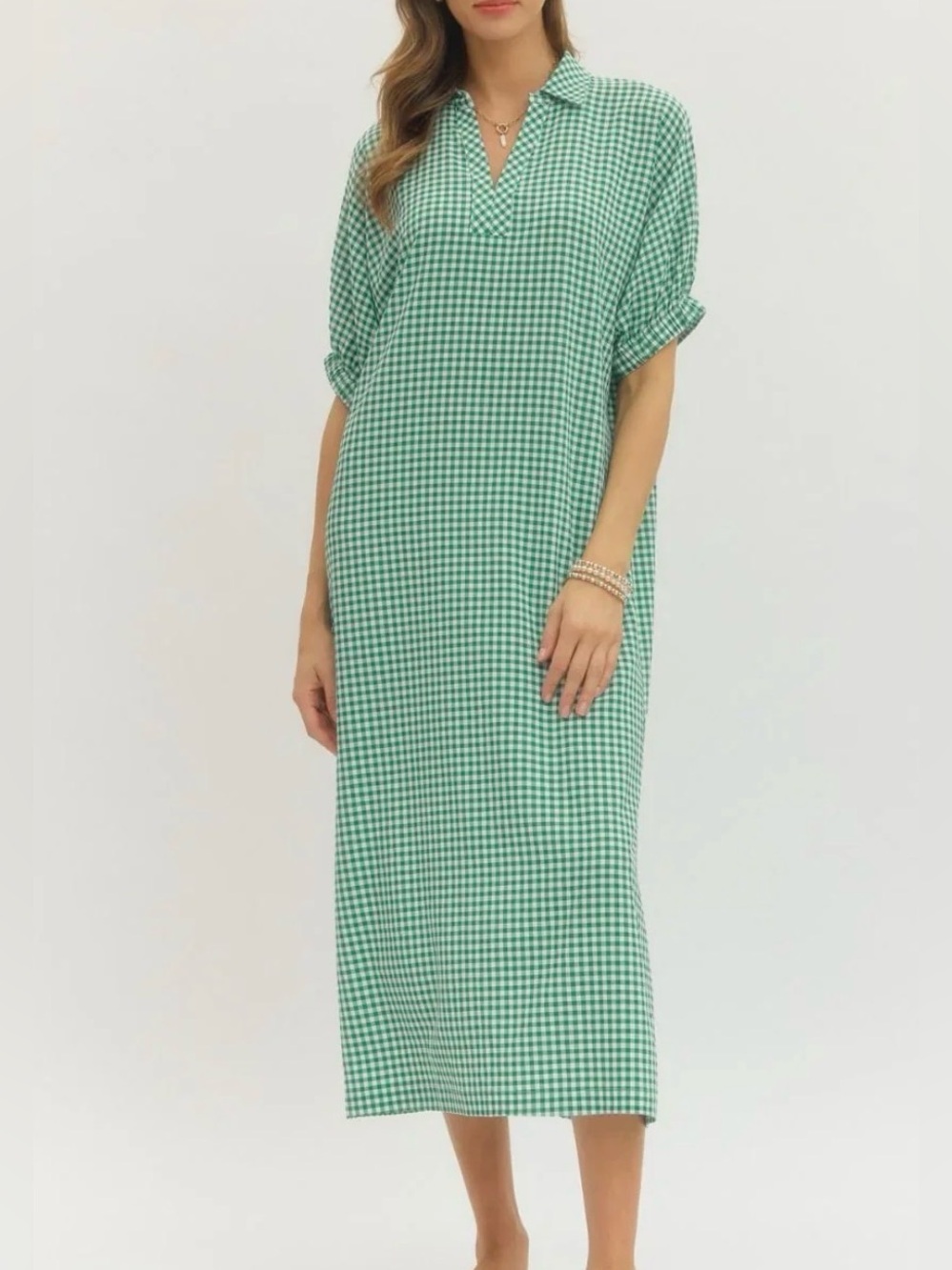 ENTRO Green Gingham Midi Dress L Large Split V-Neck Short Sleeve Casual Shift